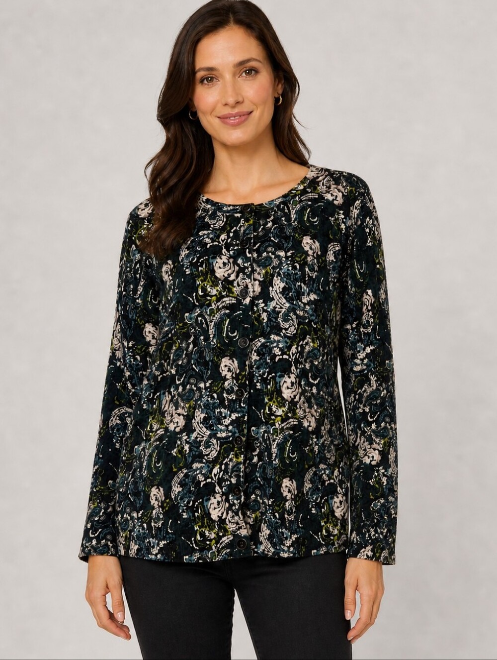 Printed Black, Green, Blue & White Long-Sleeve Floral Button Cardigan